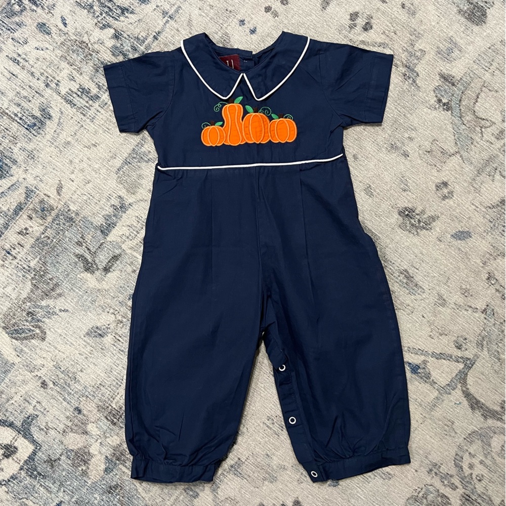 Lil Cactus navy blue pumpkin collared longall romper, size 18-24m